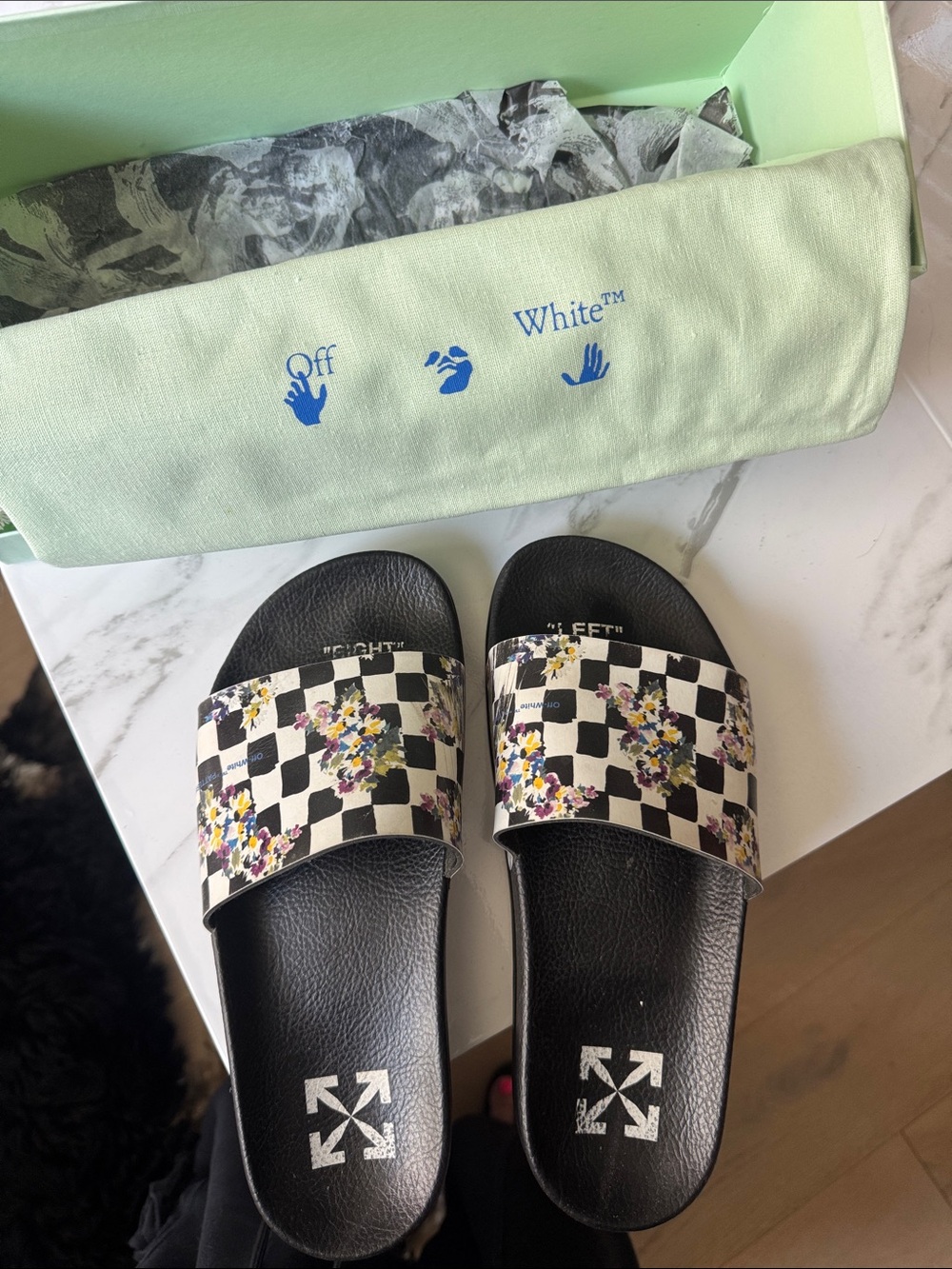 Off-White Black Checkerboard Pool Slide Floral Sandals